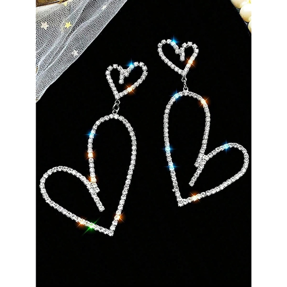 1 Pair Silver & Gold Heart Earrings Rhinestone Dangle Stud Jewelry Women Gift.SH - Picture 2 of 6